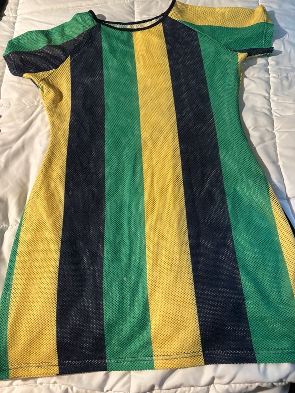 Striped Mesh Tee in Green, Yellow, Navy